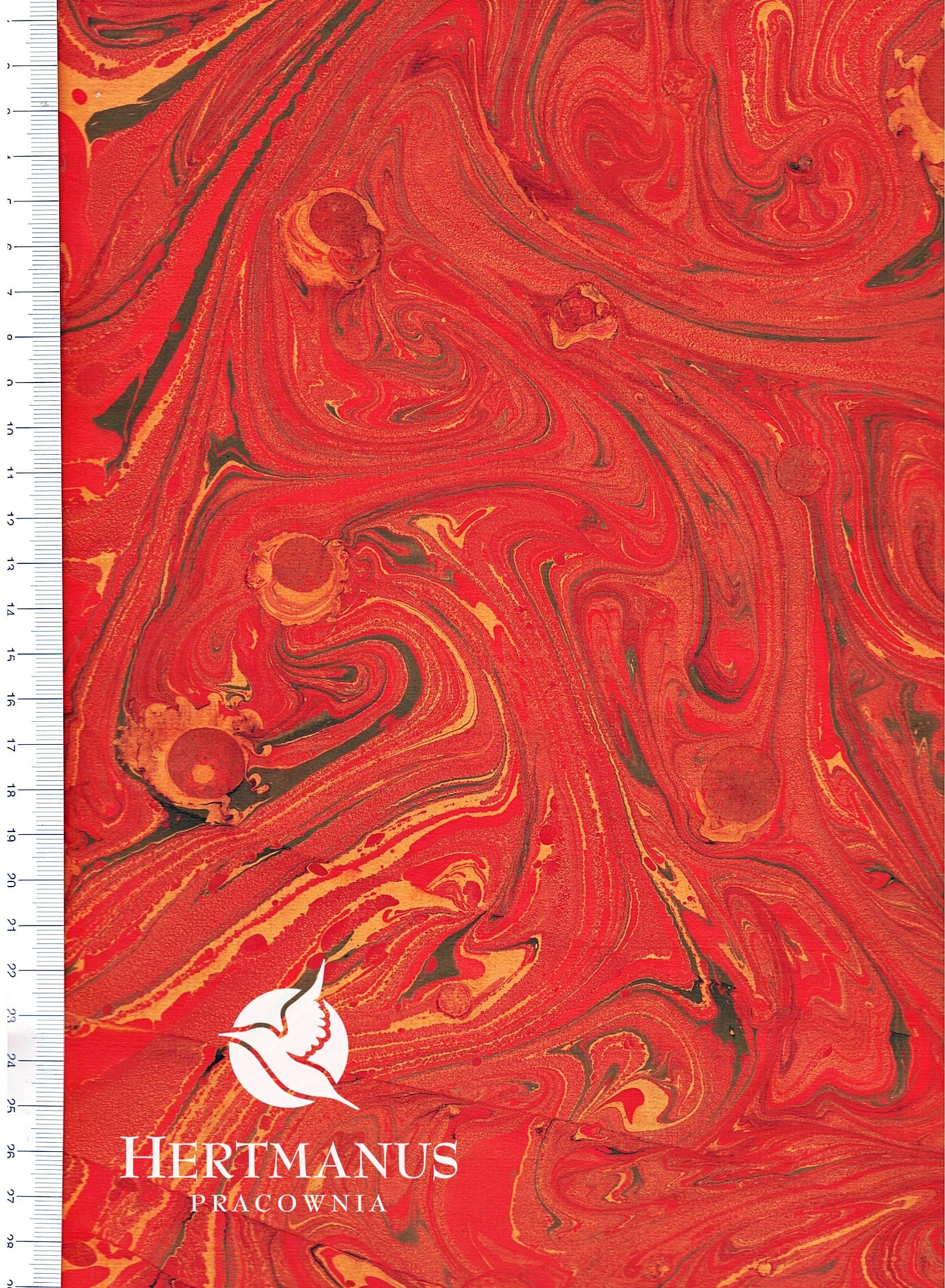 Papier marmurkowy nietypowy ognisty I, papier marmoryzowany, papier marmurkowy malowany ręcznie na powierzchni wody, papier introligatorski, dla konserwatorów papieru, hertmanus, hertmanus paper