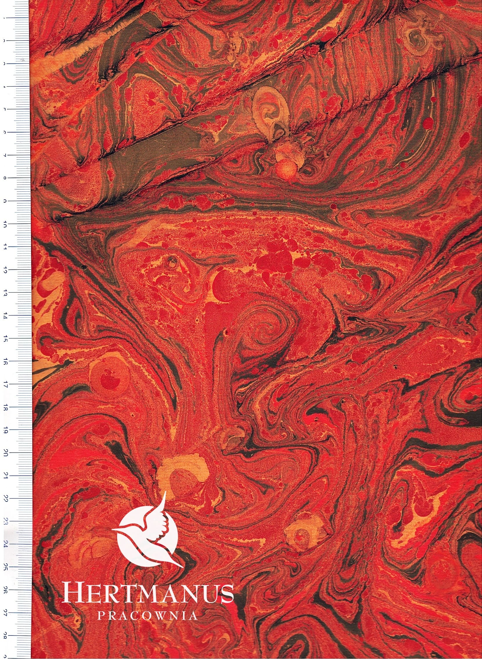 Papier marmurkowy nietypowy ognisty II, papier marmoryzowany, papier marmurkowy malowany ręcznie na powierzchni wody, papier introligatorski, dla konserwatorów papieru, hertmanus, hertmanus paper